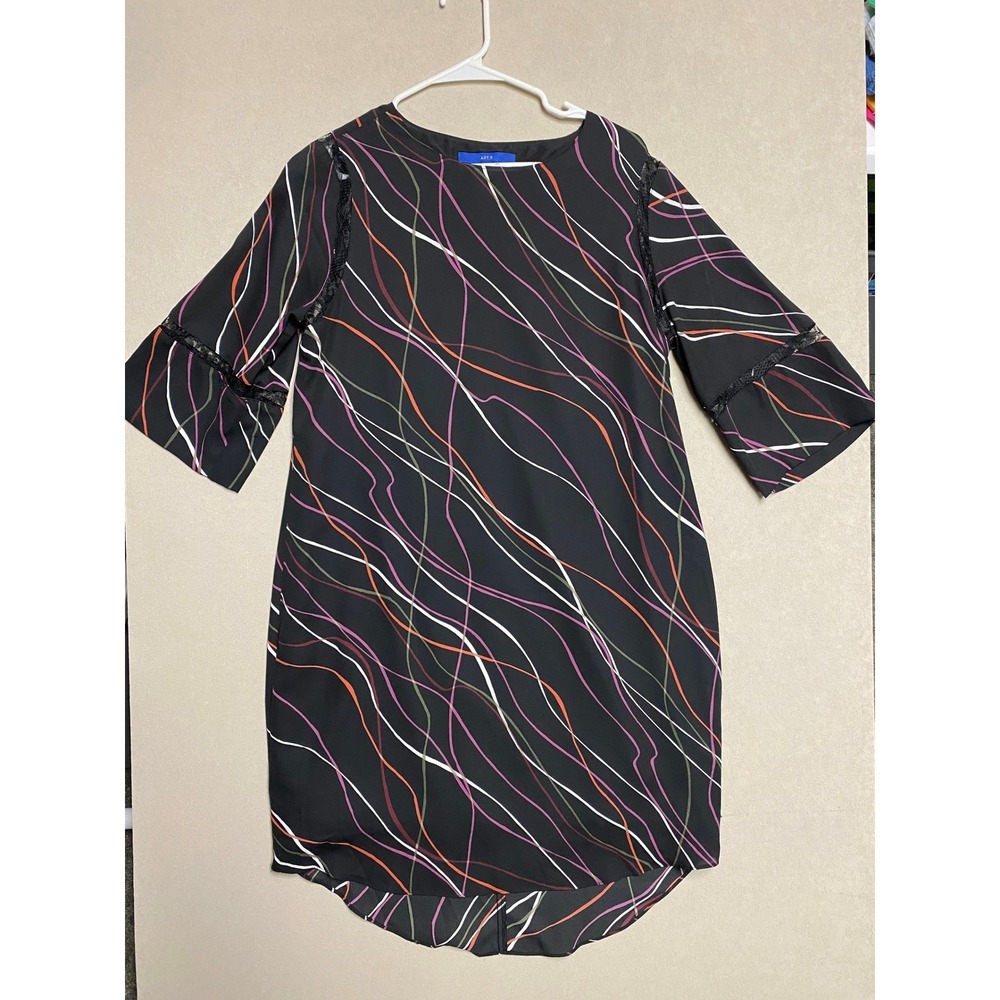 Apt 9 Womens Black Abstract Wavy Print Lace Trim Bell Sleeve Shift Dress Medium